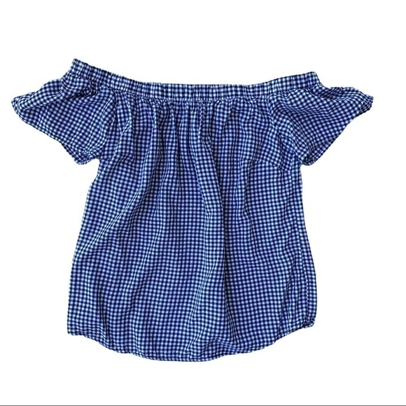 Mossimo Y2K Target Navy Blue Gingham Plaid Picnic Off the Shoulder Blouse Small - Picture 3 of 14